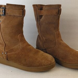 Mark Fisher Suede Lined Mid-Calf Boots Brown Size 8M Buckle Strap Pre-owned